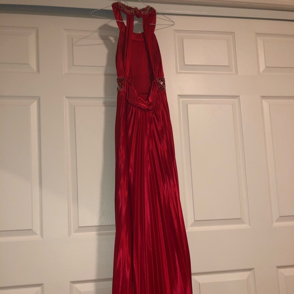 Halter Red Satin Prom Dress w/ Clear & Red beading - Picture 4 of 5